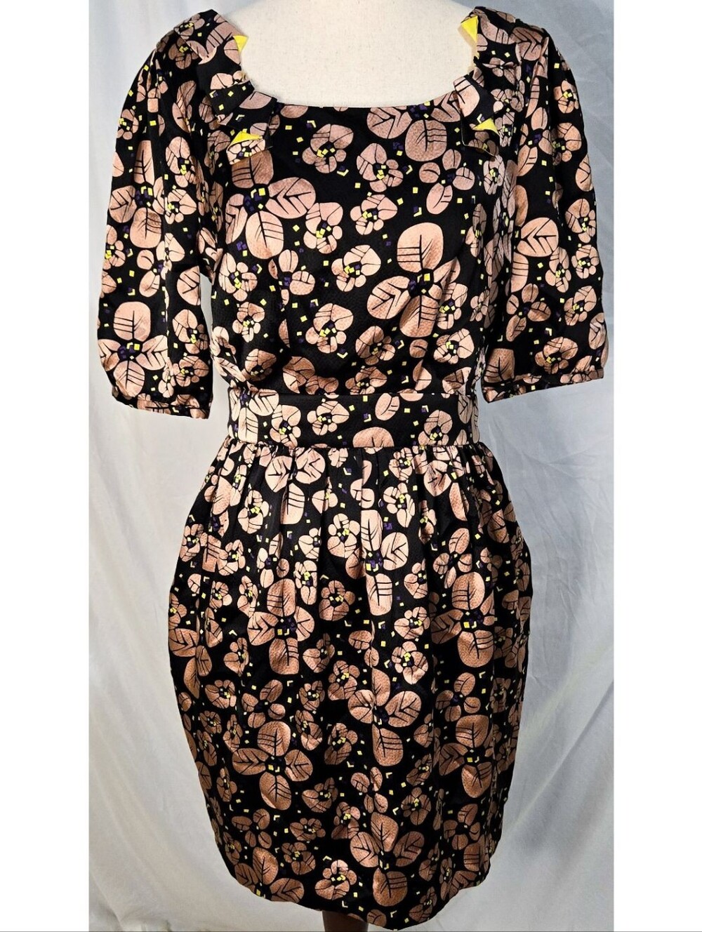 Charlotte Ronson Silk A Line Puff Sleeve Dress Floral Retro Classic Black Beige
